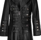 Men Military Steampunk Leather Trench Coat | Long Gothic Outerwear with Vintage Brass Detailing