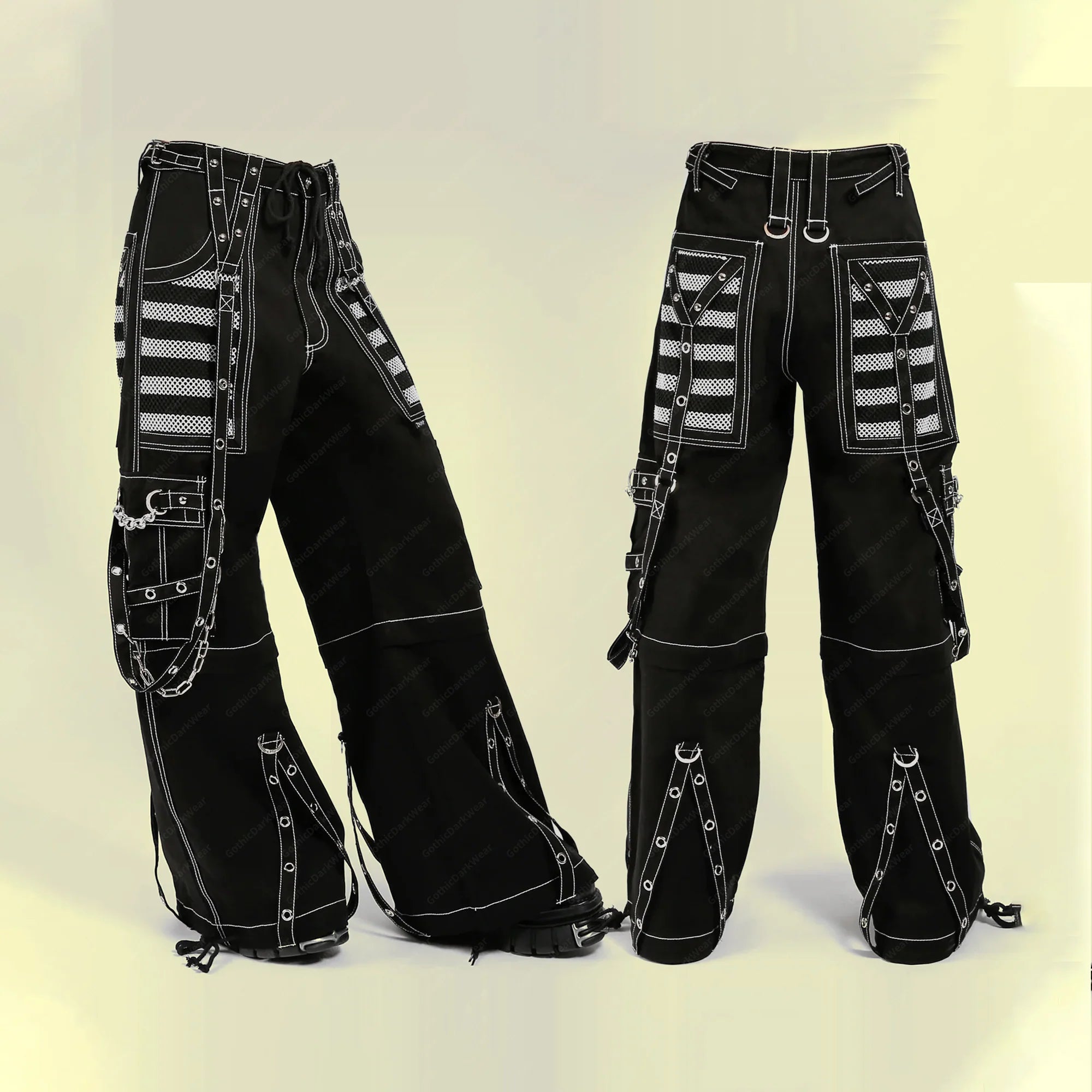 Men Gothic Mesh Panel Pant | Hot Black Punk Trouser with Buckle, Zip and Chain