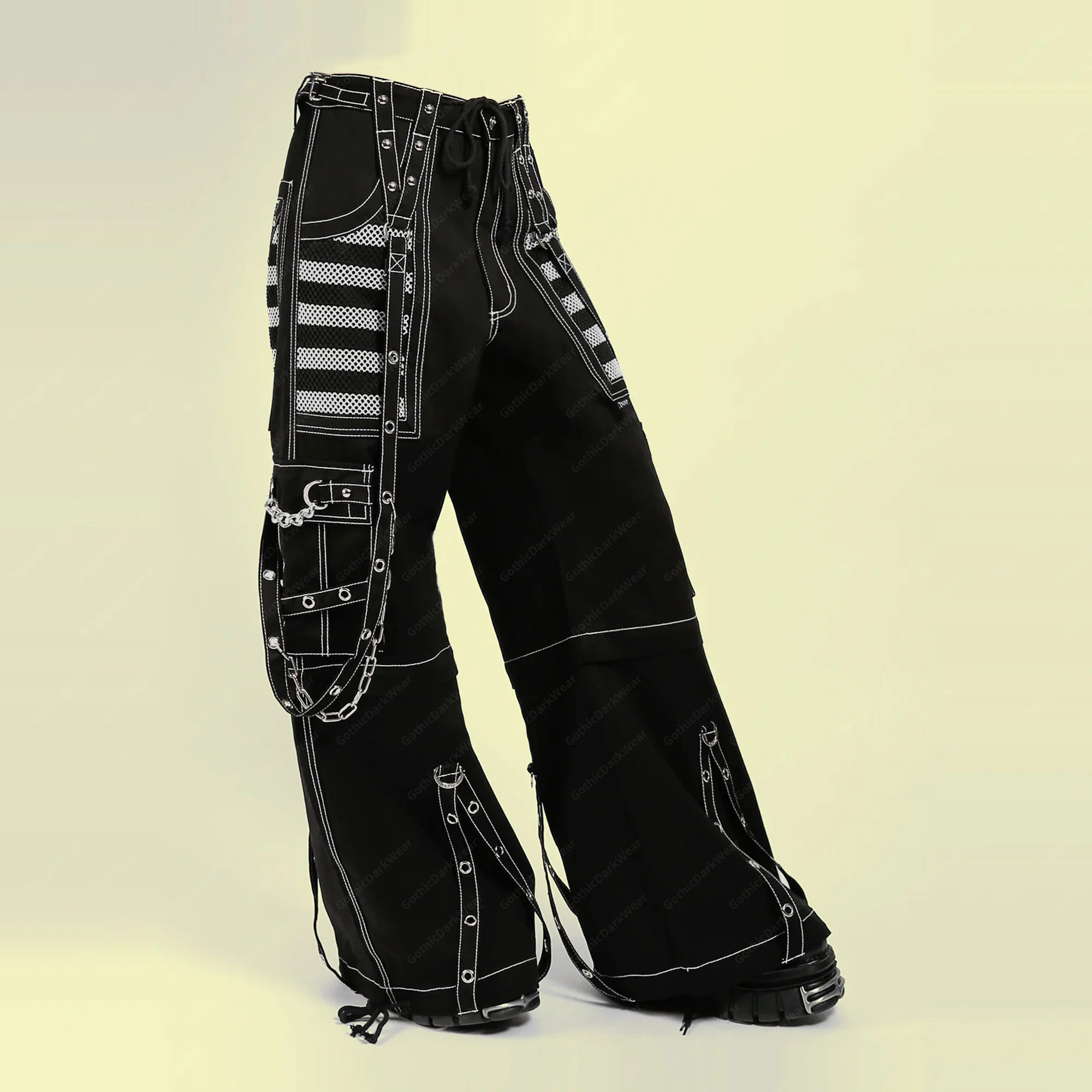 Men Gothic Mesh Panel Pant | Hot Black Punk Trouser with Buckle, Zip and Chain