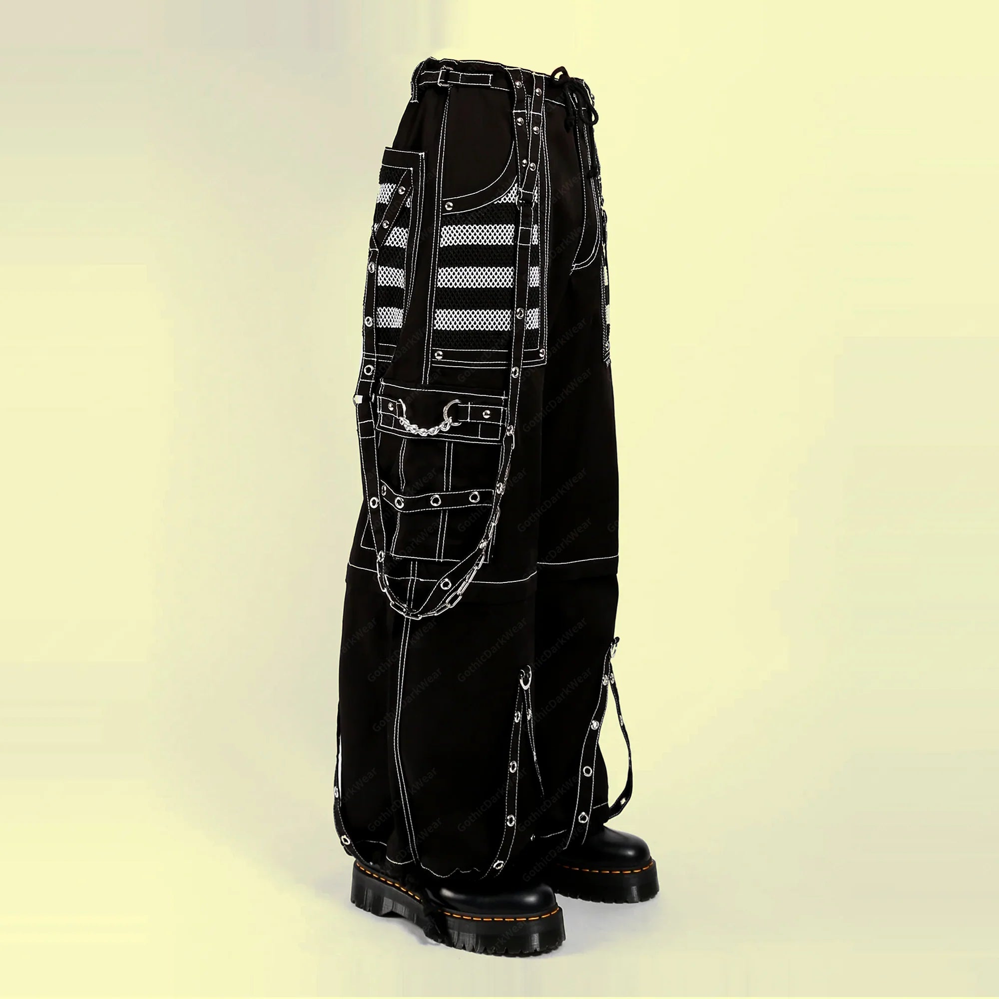 Men Gothic Mesh Panel Pant | Hot Black Punk Trouser with Buckle, Zip and Chain