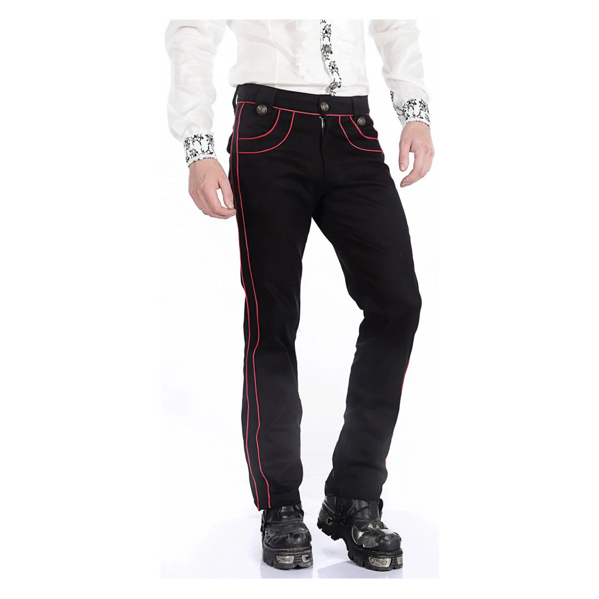 Men Black Pentagramme Red Pant | Gothic Military Officer Trouser with Red Contrast Piping