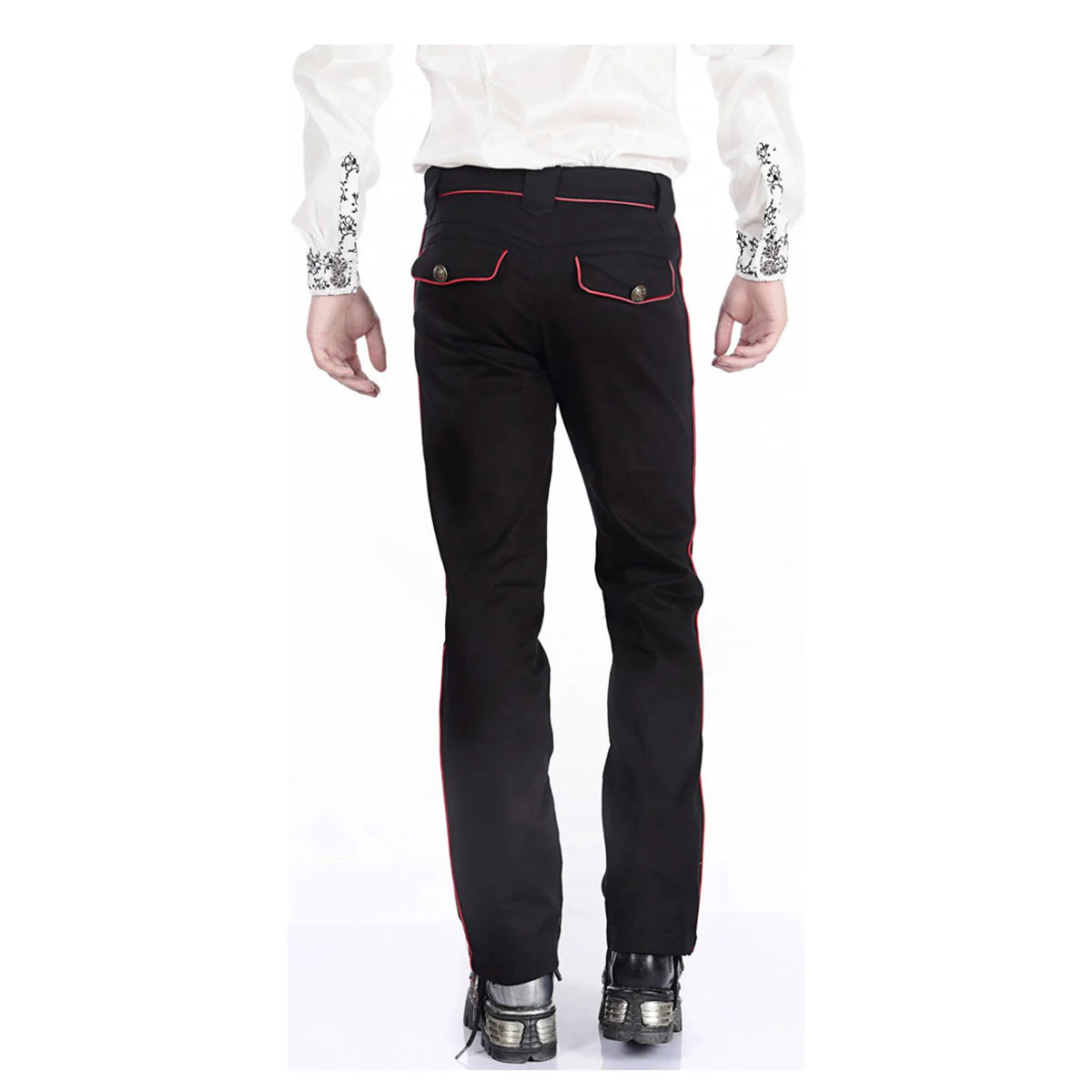 Men Black Pentagramme Red Pant | Gothic Military Officer Trouser with Red Contrast Piping