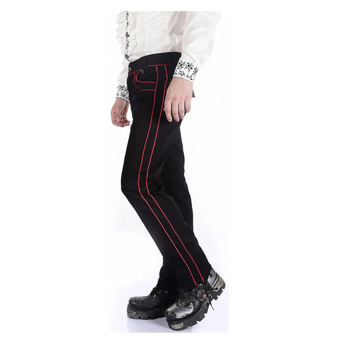 Men Black Pentagramme Red Pant | Gothic Military Officer Trouser with Red Contrast Piping