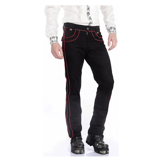 Men Black Pentagramme Red Pant | Gothic Military Officer Trouser with Red Contrast Piping