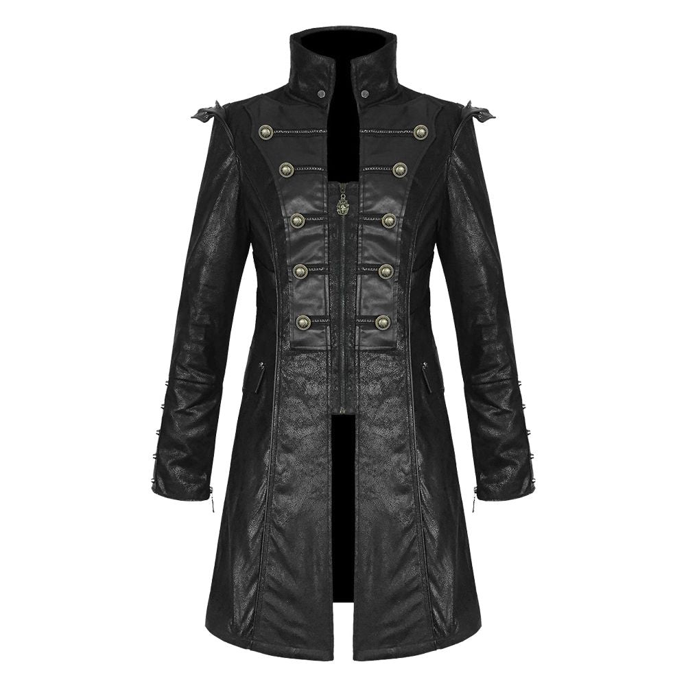 Pentagramme Men Black Steampunk Coat | Gothic Highwayman Long Coat with Braided Frogging