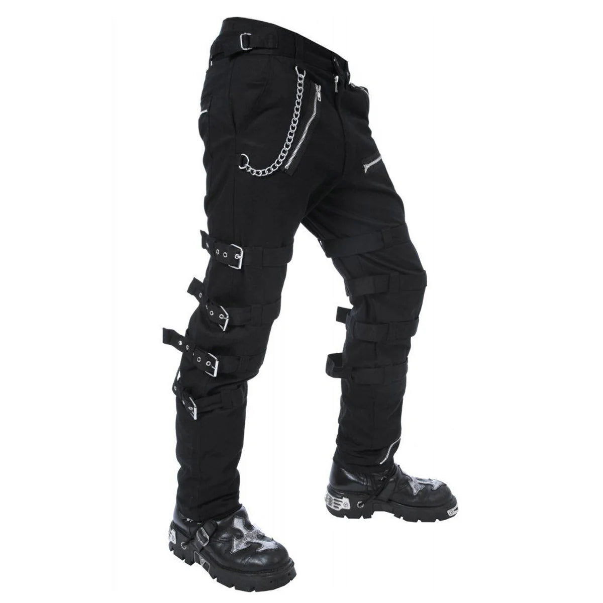 Men Black Cyberpunk Morte Pants | Gothic Cotton Trouser with Buckle and Chain