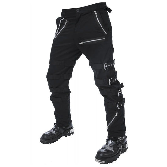 Men Black Cyberpunk Morte Pants | Gothic Cotton Trouser with Buckle and Chain