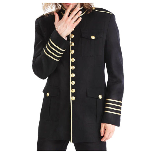 Gothic Military Officer Coat for Men | Gold Button Blazer with Cuff Bands & Epaulets