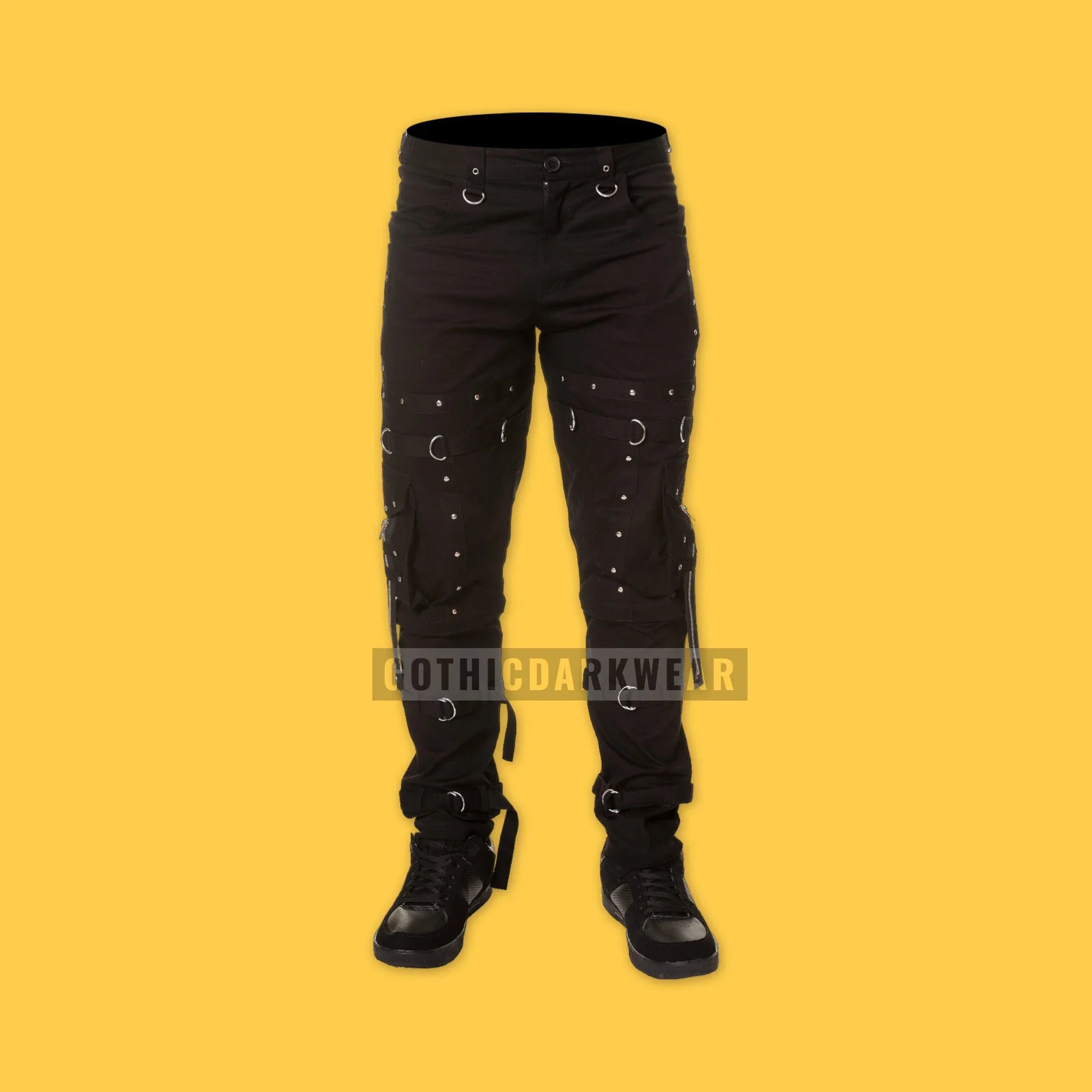 Men Gothic Punk Rock Pants | Black Cotton Studded Trouser for Alternative Emo Streetwear
