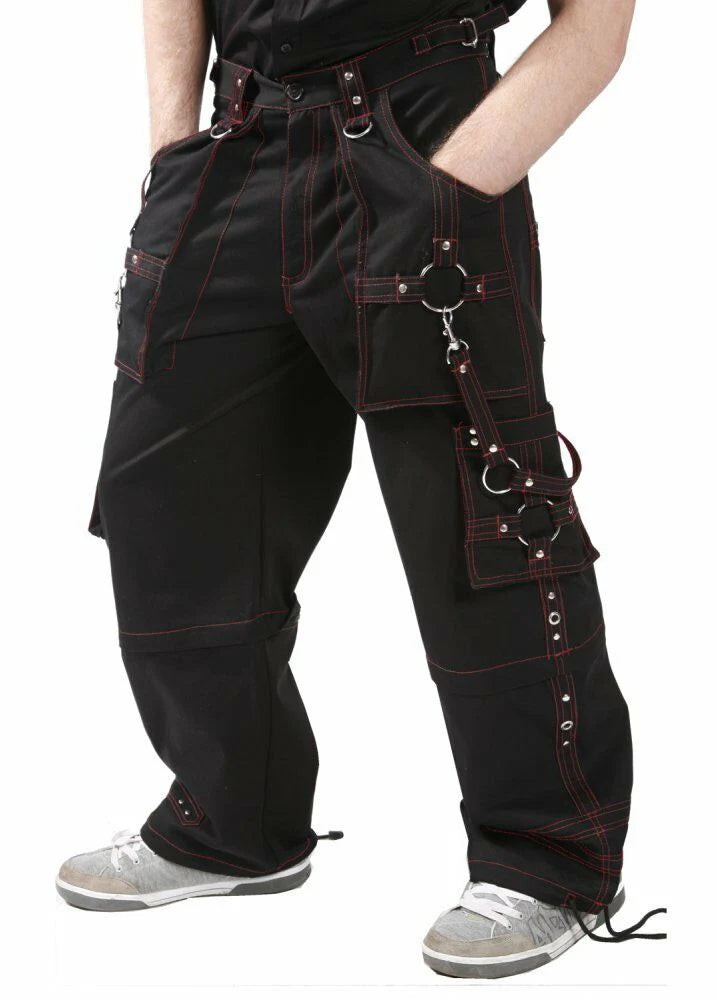 Men Black and Red Gothic Bondage Transformer Pants | Baggy Punk Rock Trouser with Zip-Off Short