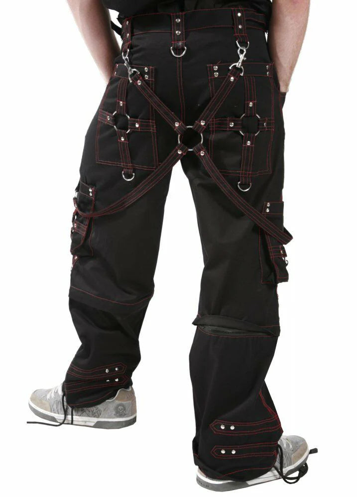 Men Black and Red Gothic Bondage Transformer Pants | Baggy Punk Rock Trouser with Zip-Off Short