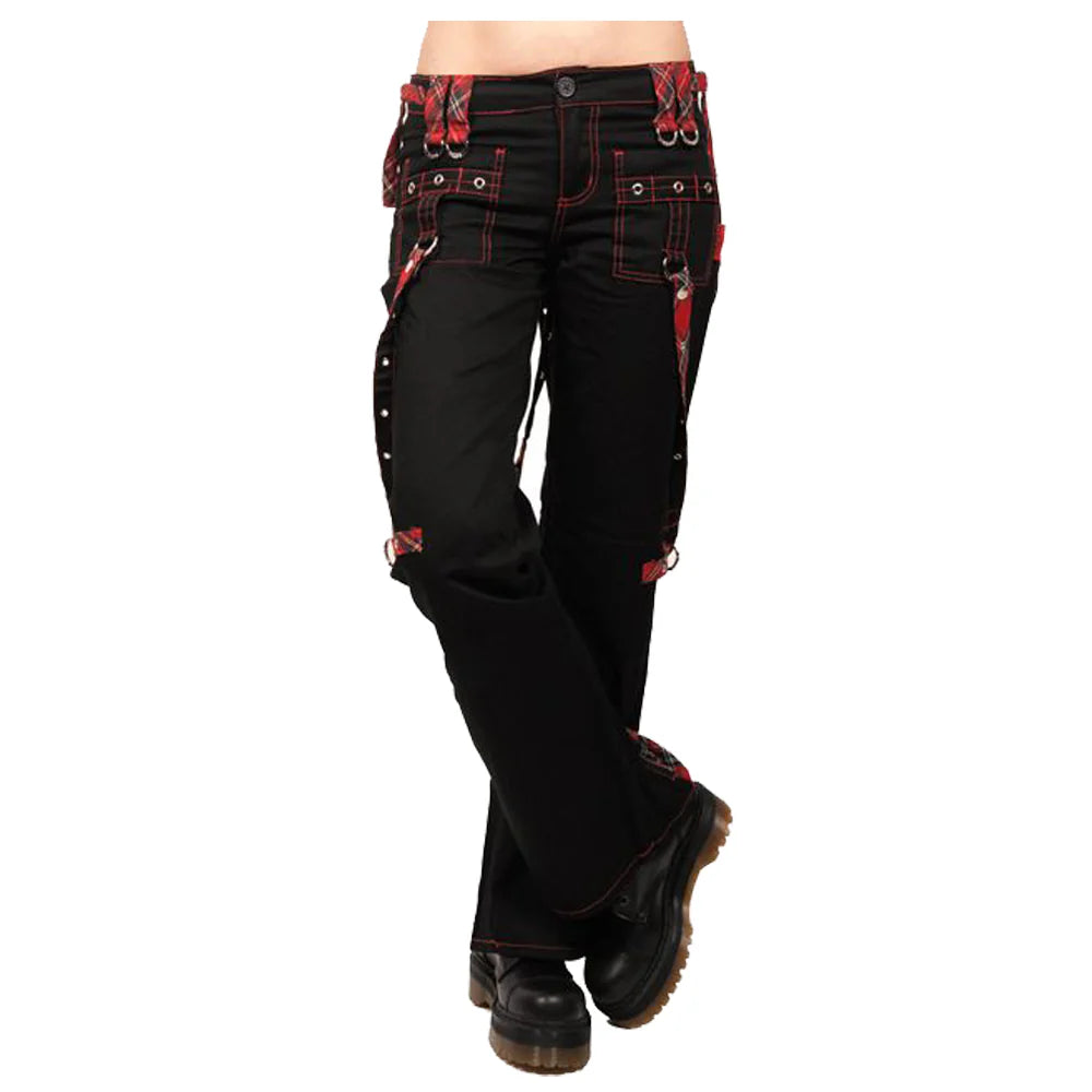 Men Black Gothic Pant Red Thread | Unisex Tartan Strap D-Ring Trouser