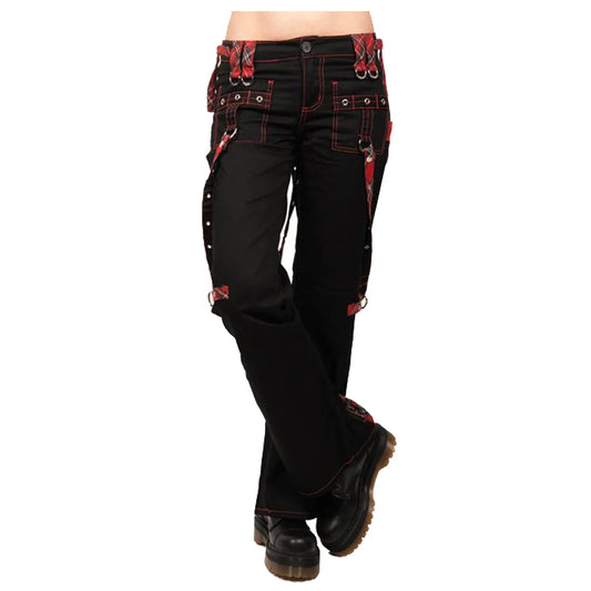 Men Black Gothic Pant Red Thread | Unisex Tartan Strap D-Ring Trouser