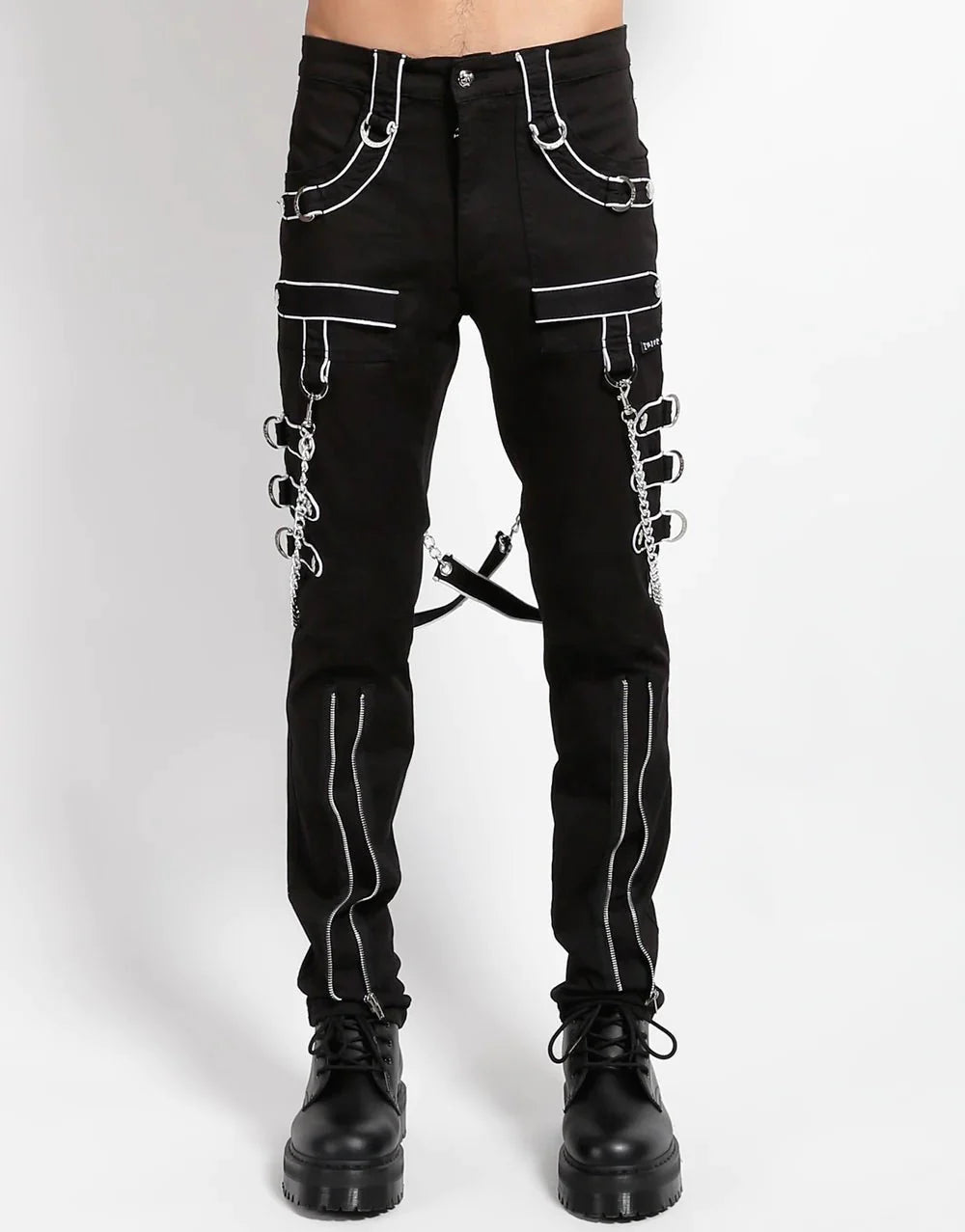 Men Gothic Trippe Band Pants | Black Pant with White Trim and Bondage Strap Detail