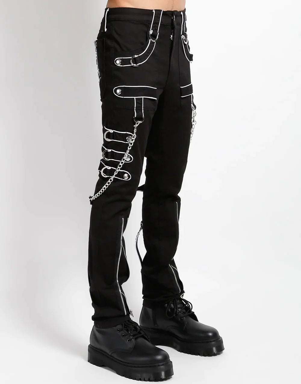 Men Gothic Trippe Band Pants | Black Pant with White Trim and Bondage Strap Detail