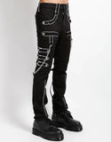 Men Gothic Trippe Band Pants | Black Pant with White Trim and Bondage Strap Detail