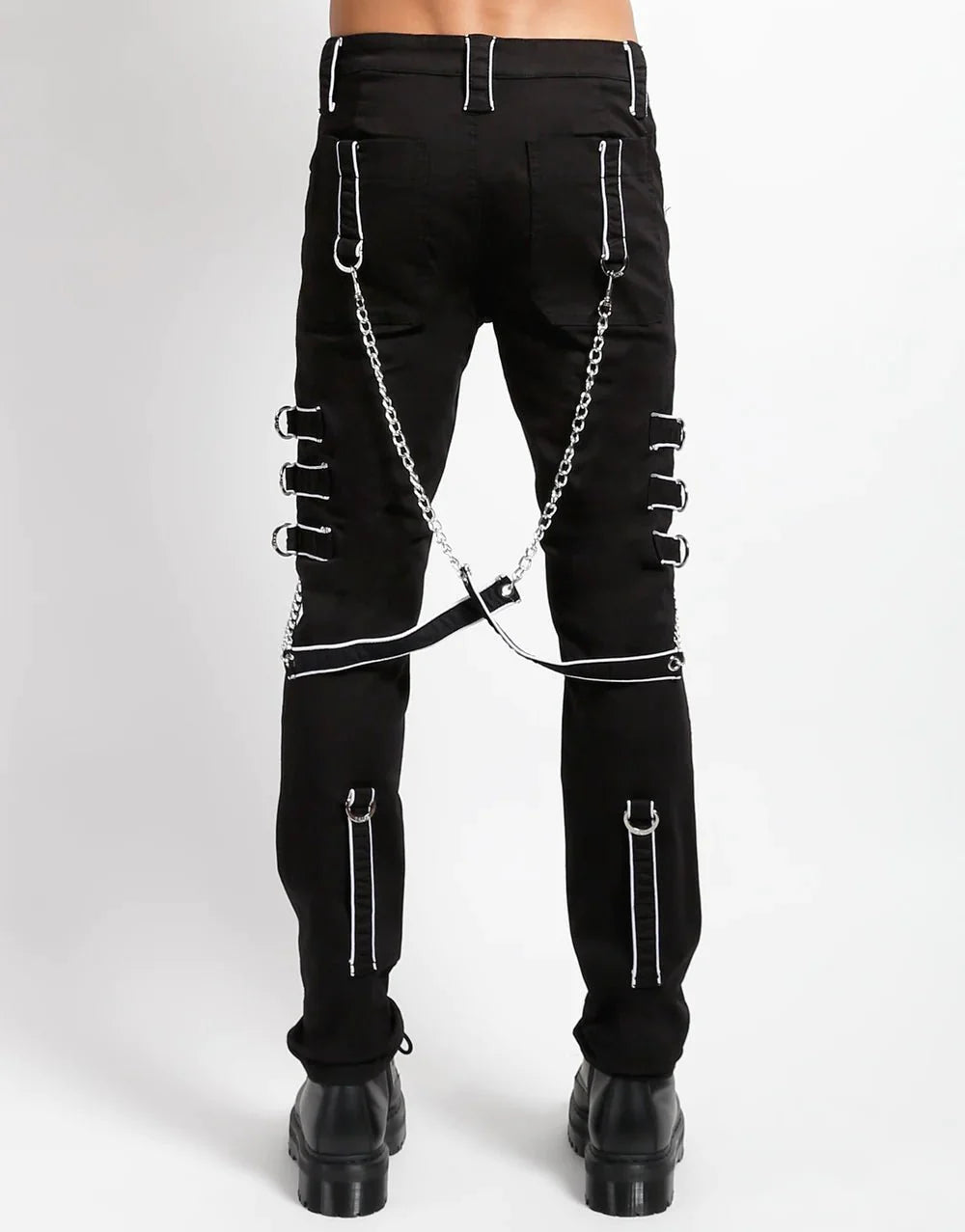 Men Gothic Trippe Band Pants | Black Pant with White Trim and Bondage Strap Detail