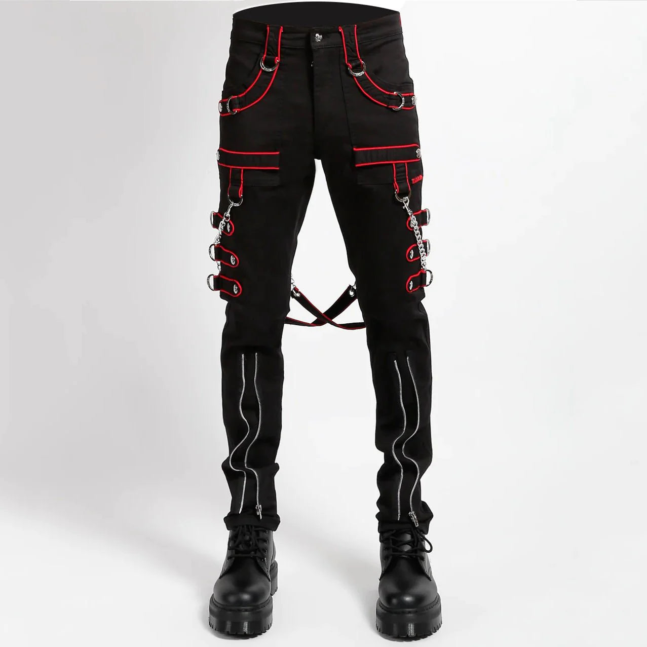 Men Gothic Trippe Band Pants | Black Pant with White Trim and Bondage Strap Detail