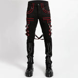 Men Gothic Trippe Band Pants | Black Pant with White Trim and Bondage Strap Detail