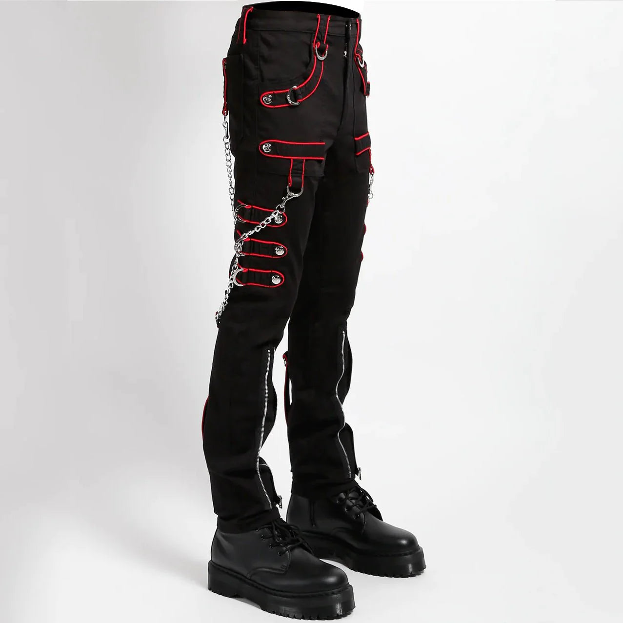 Men Gothic Trippe Band Pants | Black Pant with White Trim and Bondage Strap Detail