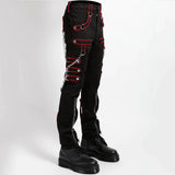 Men Gothic Trippe Band Pants | Black Pant with White Trim and Bondage Strap Detail