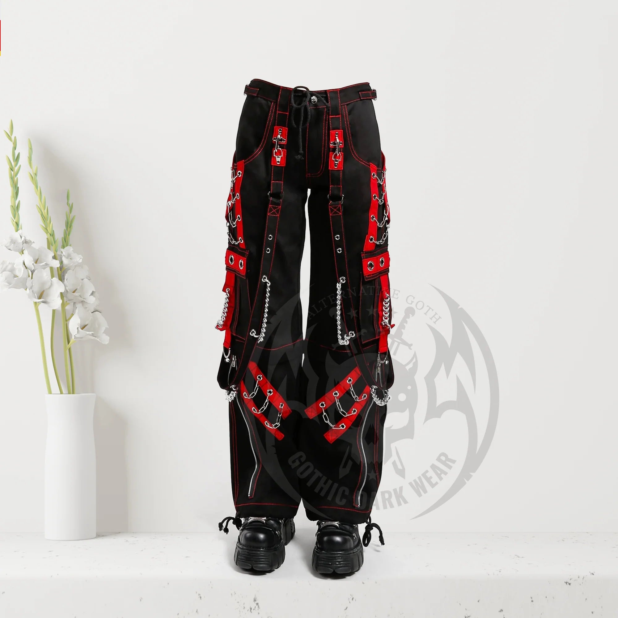 Men Black Gothic Trouser Rough Pant Red | Zip-Off Punk Pants with Red Stitching and Removable Strap