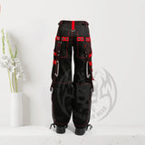 Men Black Gothic Trouser Rough Pant Red | Zip-Off Punk Pants with Red Stitching and Removable Strap