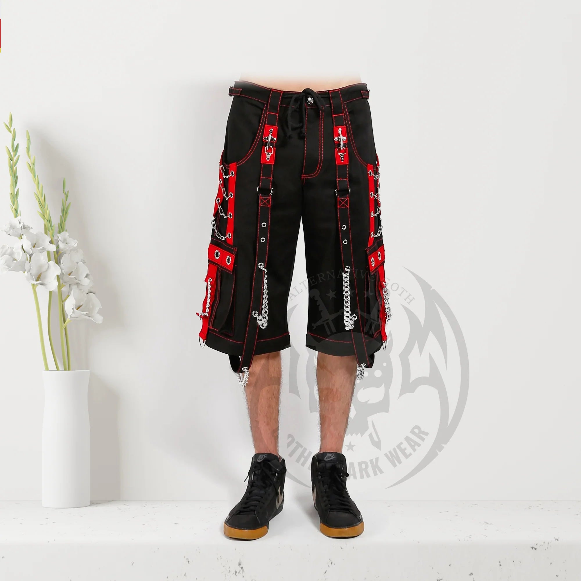 Men Black Gothic Trouser Rough Pant Red | Zip-Off Punk Pants with Red Stitching and Removable Strap