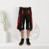 Men Black Gothic Trouser Rough Pant Red | Zip-Off Punk Pants with Red Stitching and Removable Strap