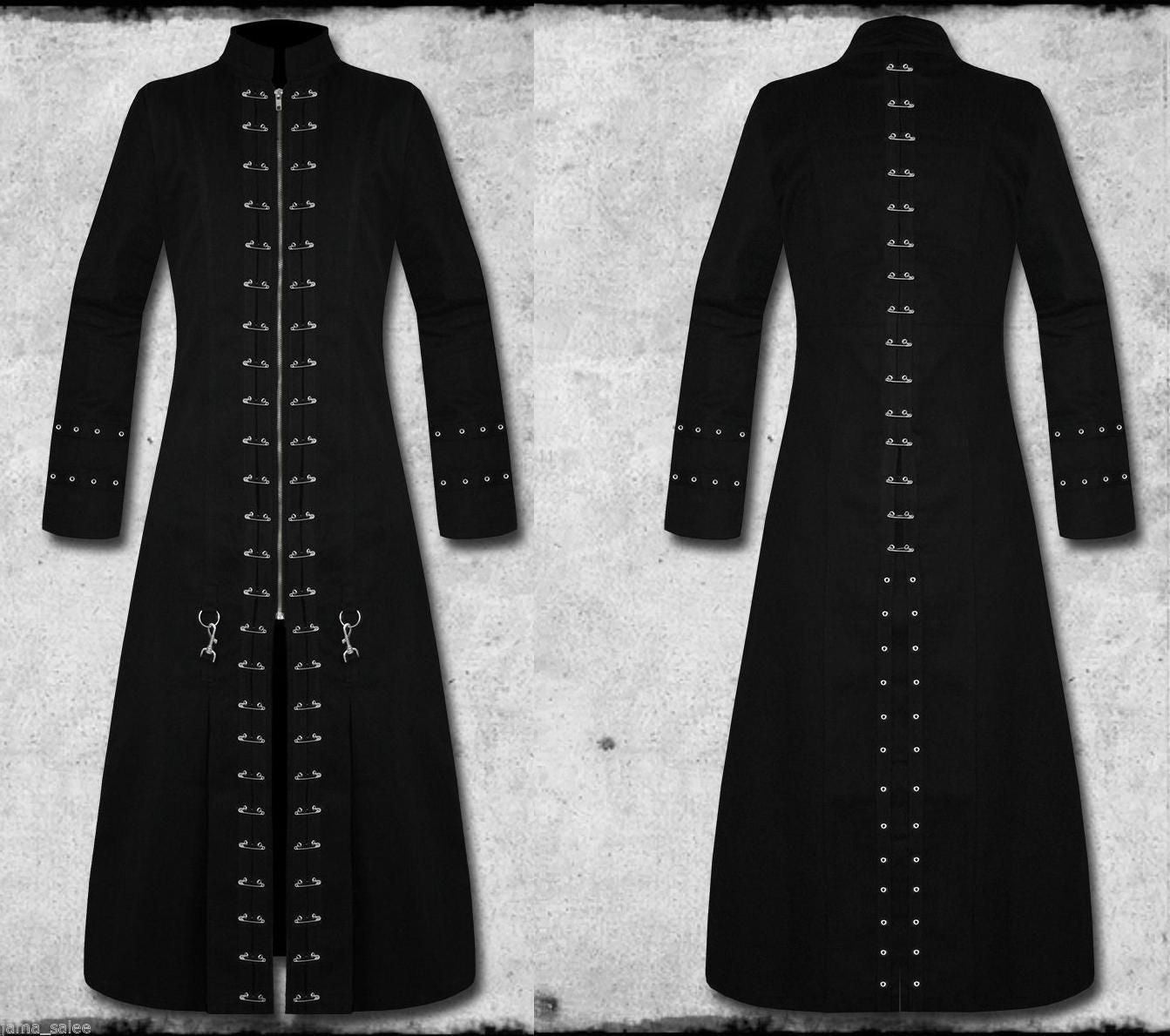 Gothic Vampire Pins Head Trench Coat | Dark Punk Style with Buckle & Pin Details