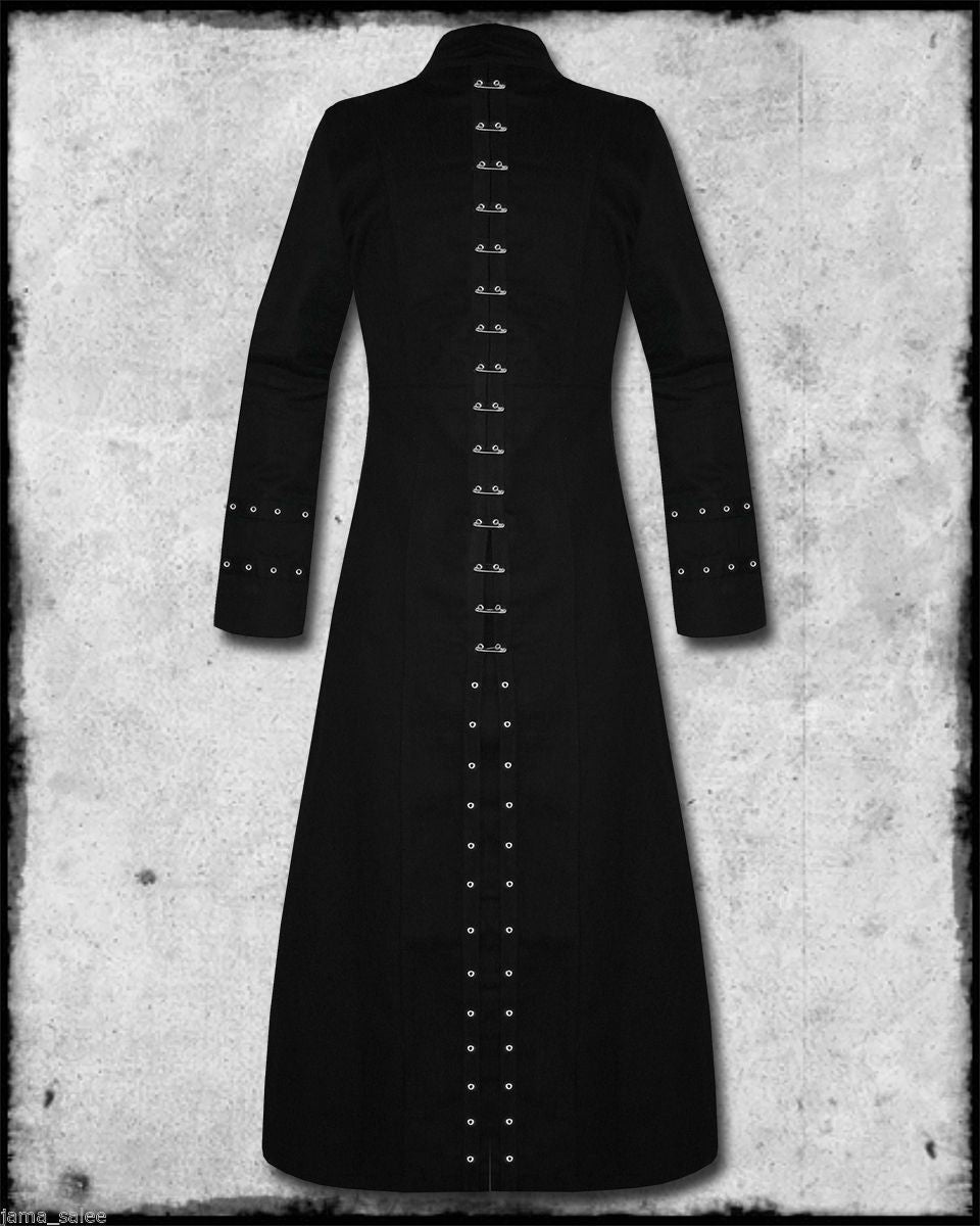 Gothic Vampire Pins Head Trench Coat | Dark Punk Style with Buckle & Pin Details