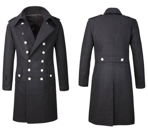 Men Gothic Military Double-Breasted Trench Coat | Black Wool Overcoat with Steampunk Elegance