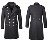 Men Gothic Military Double-Breasted Trench Coat | Black Wool Overcoat with Steampunk Elegance