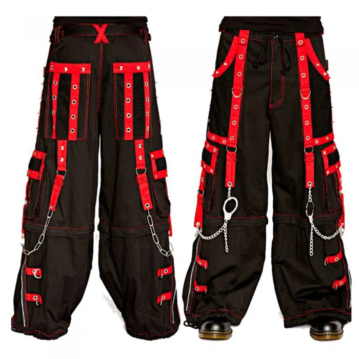 Men Gothic Steampunk Cyber Punk Pants | Black and Red Zip-Off Bondage Trouser with Chain