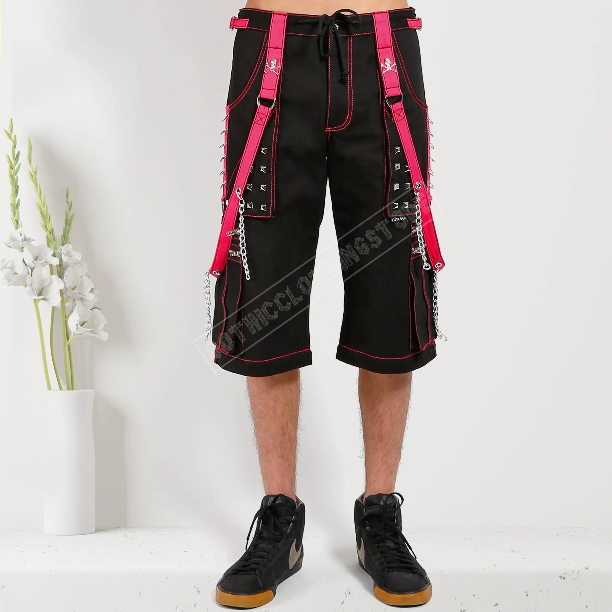 Men Gothic Step Chain Pant | Steampunk Punk Style Trouser with Removable Chain and Pink Stitch