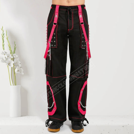Men Gothic Step Chain Pant | Steampunk Punk Style Trouser with Removable Chain and Pink Stitch