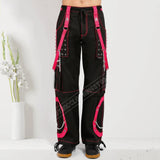 Men Gothic Step Chain Pant | Steampunk Punk Style Trouser with Removable Chain and Pink Stitch