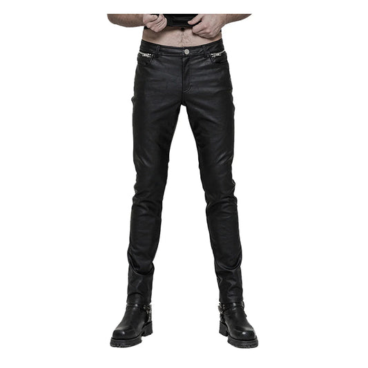 Men Black Devil Fashion Rock Pants | Punk Gothic Steampunk PU Trouser with Zipper and Buckle Detail