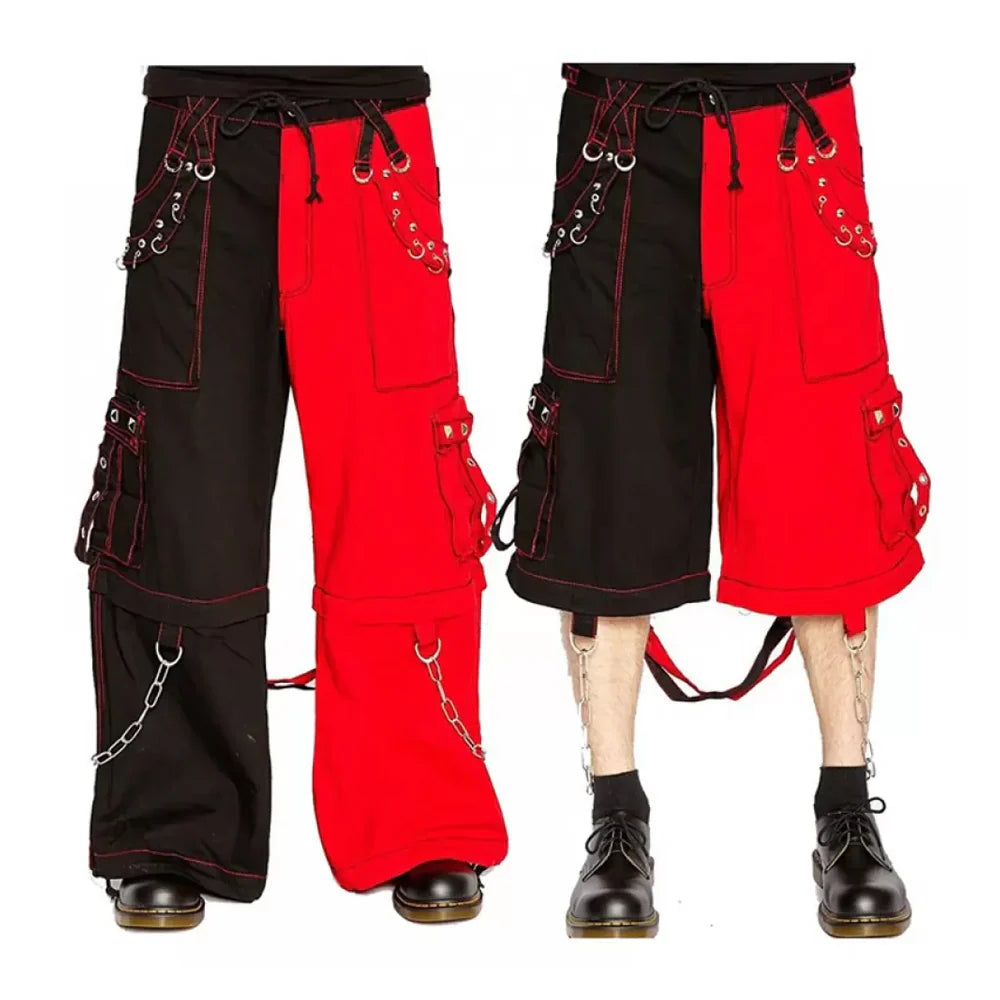 Men Gothic Bondage Pants | Black and Red Techno Punk Rock Cotton Trouser with Chain