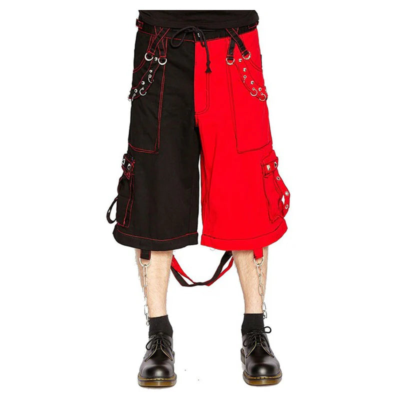 Men Gothic Bondage Pants | Black and Red Techno Punk Rock Cotton Trouser with Chain