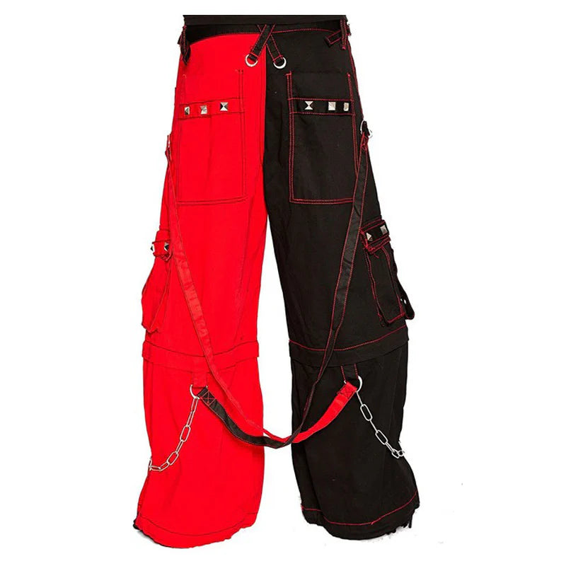 Men Gothic Bondage Pants | Black and Red Techno Punk Rock Cotton Trouser with Chain