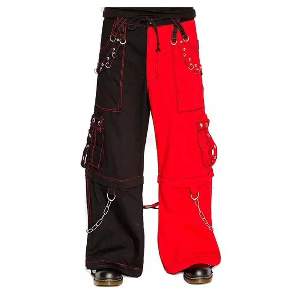 Men Gothic Bondage Pants | Black and Red Techno Punk Rock Cotton Trouser with Chain