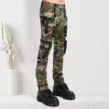 Men Camo Gothic Trouser Tripp NYC No Excuses Pants | Green Camouflage Pant with Bondage Strap and Silver Stud
