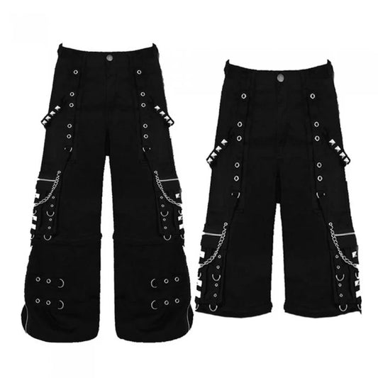 Men Cyber Goth Bondage Pants | Zip-Off Cargo Trouser with Metal Accessory