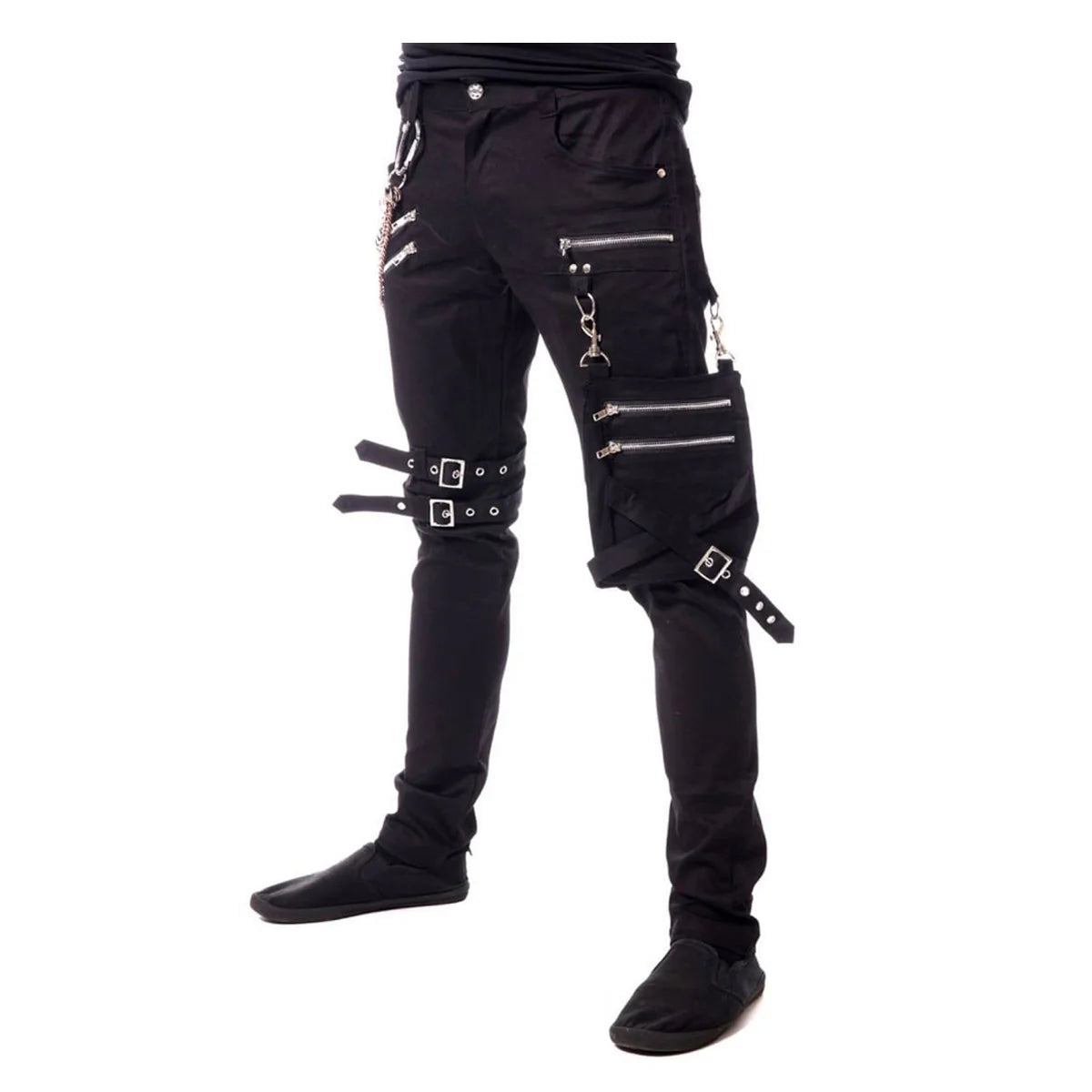 Men Fetish Slim Fit Buckle Strap Pants | Punk Gothic Utility Style Trouser with Zippered Pocket